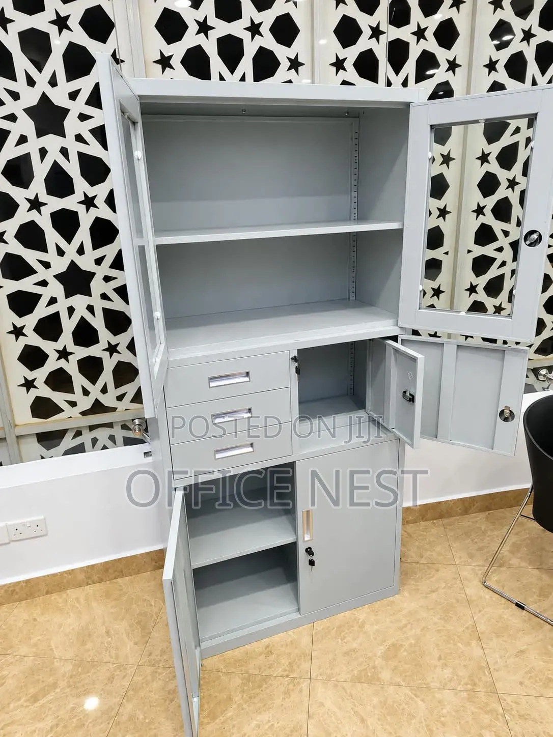 Lockable Filing Cabinet With Drawers, Shelves Glass Doors