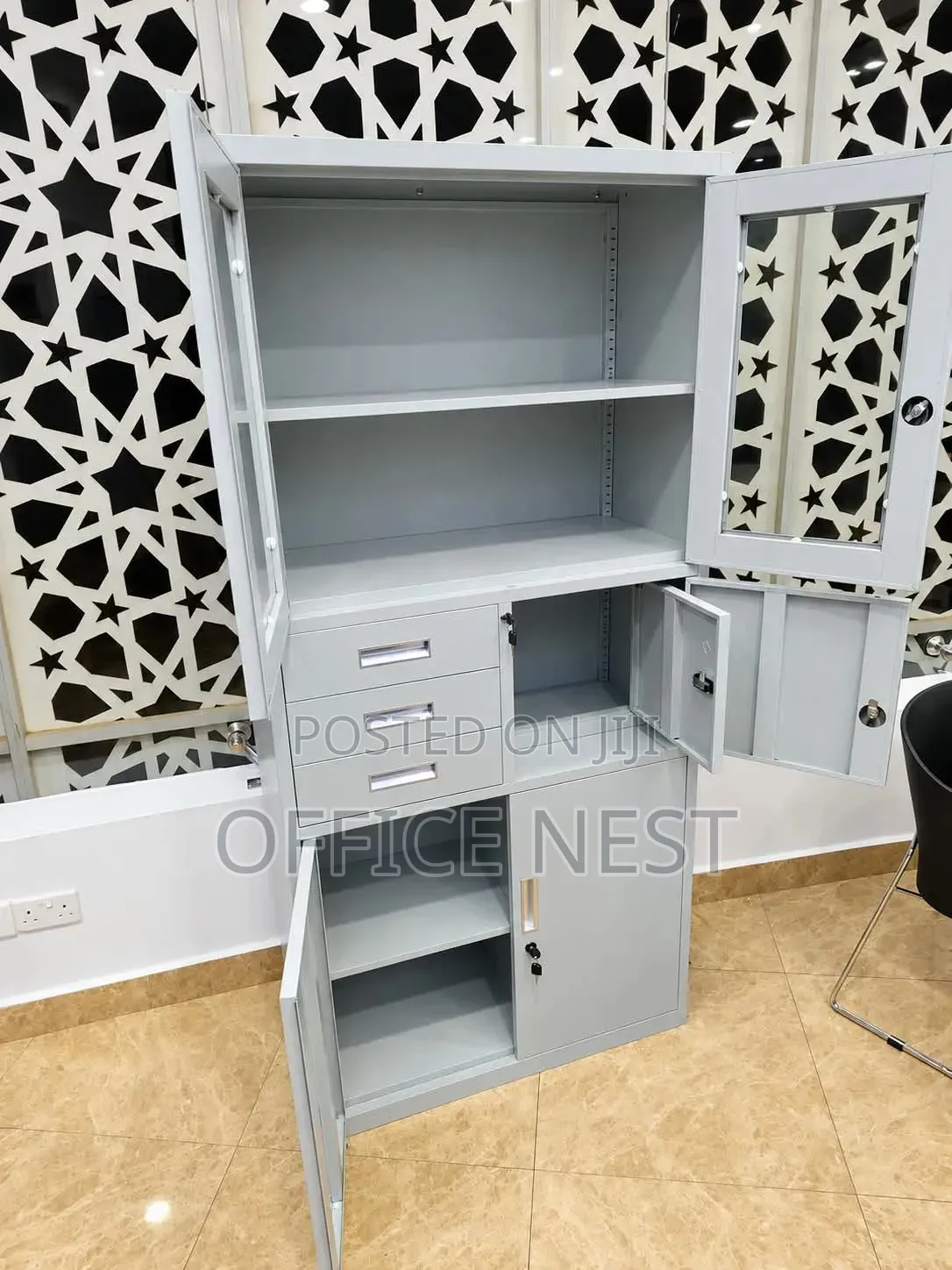 Lockable Filing Cabinet With Drawers, Shelves Glass Doors