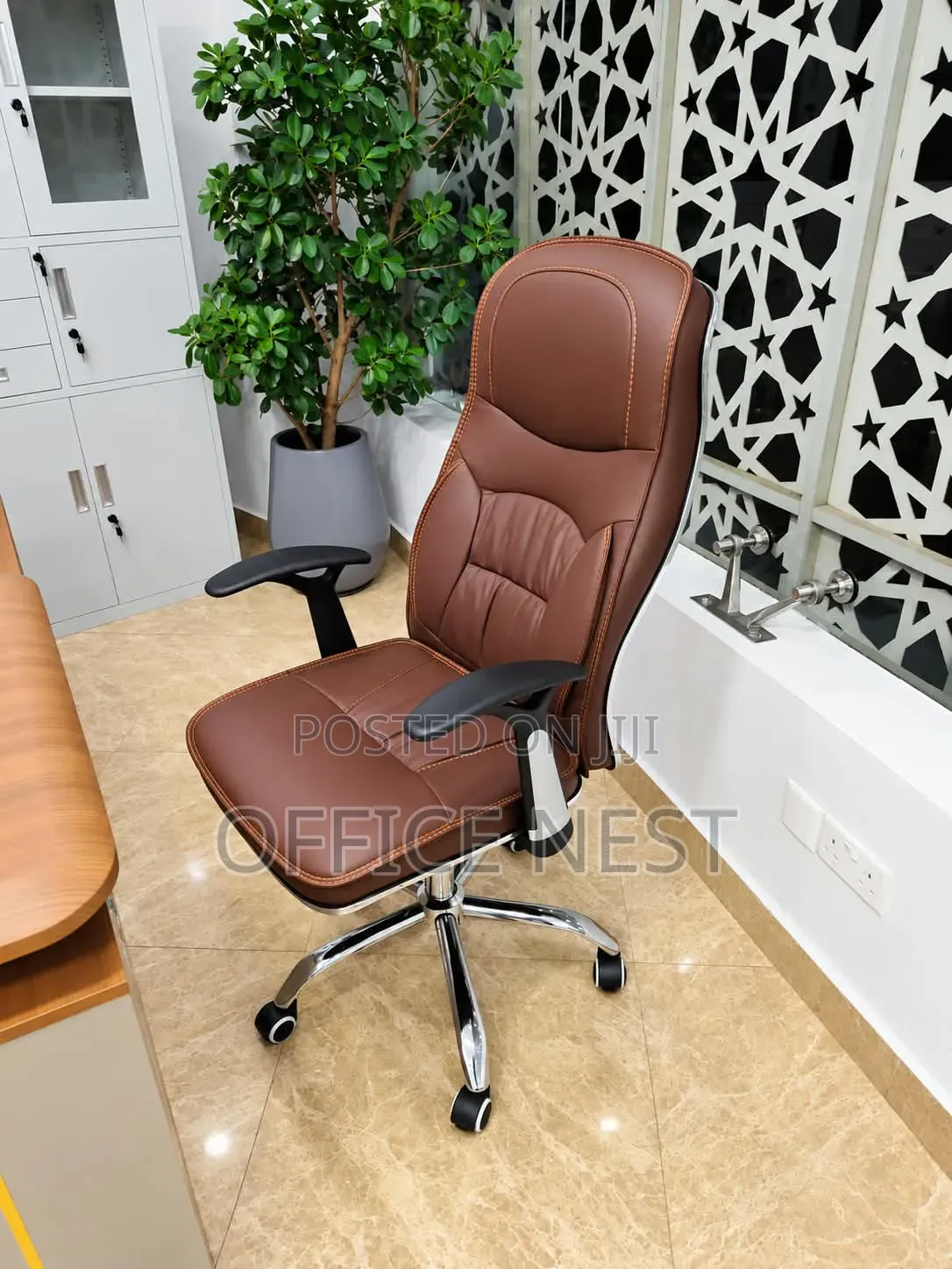 Brown High Back Leather Manager Chair With Padded Armrests