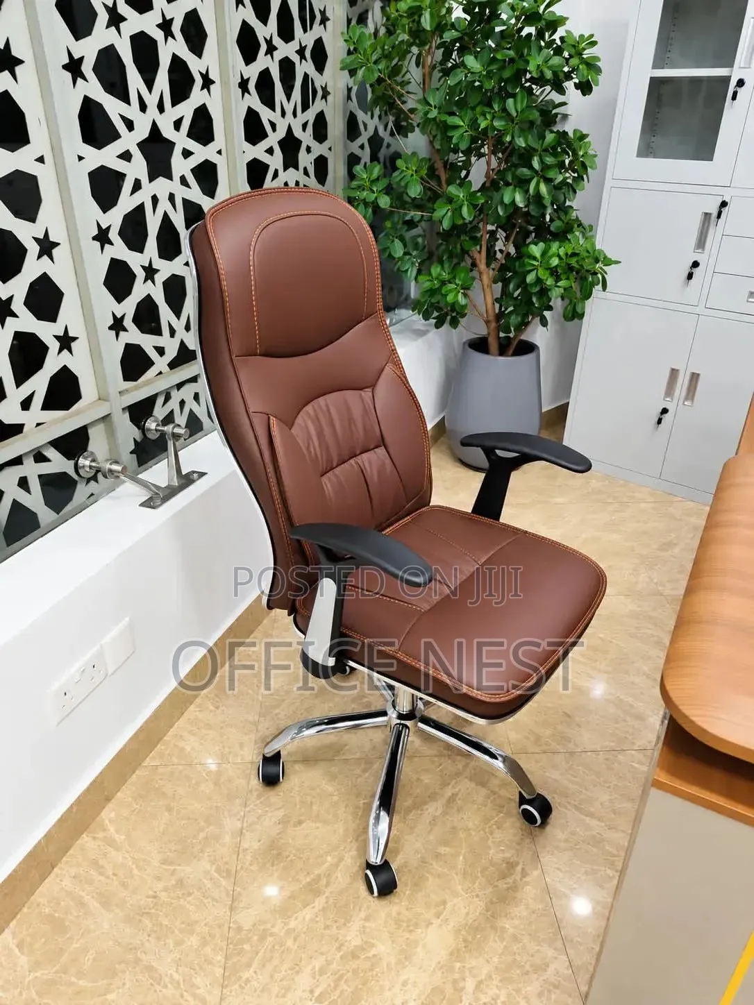 Brown High Back Leather Manager Chair With Padded Armrests