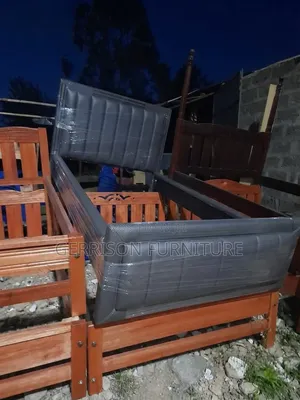 Strong 4x6 Grey Wooden Bed Frame With Padded Panel Cushion!