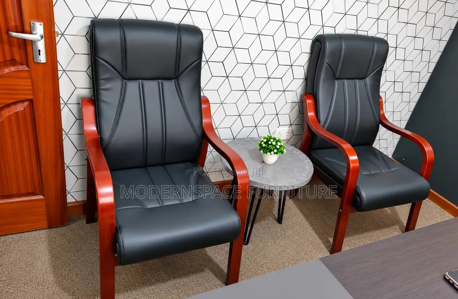 Executive Leather Visitor Chairs With Wooden Arms – Set of 2