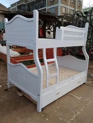 Custom-Built White Wooden Bunk Bed With Integrated Trundle Drawer