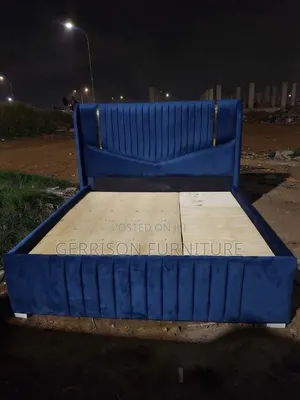 Luxury 5x6 Royal Blue Chester Wingback Bed With Gold Strips