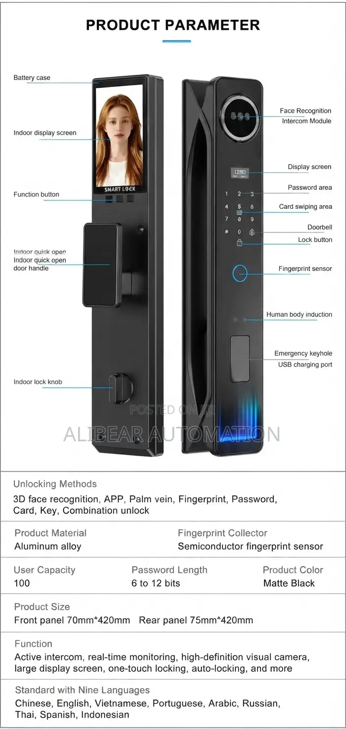 Wifi Smart Door Lock App/Face/Biometric/Fingerprint/Pasword/Bell/Alarm