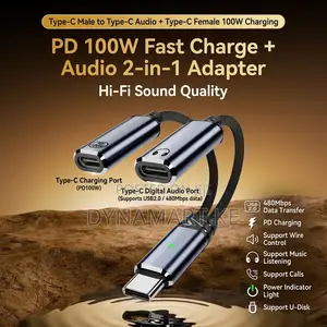 Type-C to Dual Type-C Adapter – PD 100W Fast Charging Hi-Fi Audio