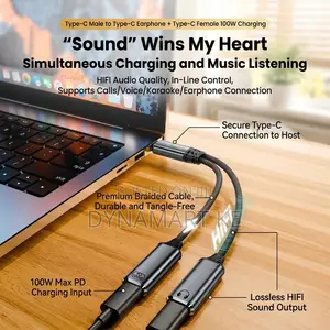 Type-C to Dual Type-C Adapter – PD 100W Fast Charging Hi-Fi Audio