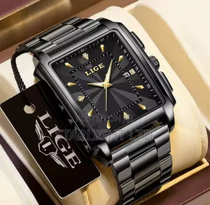 LIGE Men's Square Quartz Watch – Luxury Black