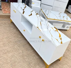 Modern White TV Stand With Gold Marble Design