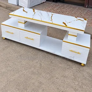 Stylish White TV Console With Gold Handles