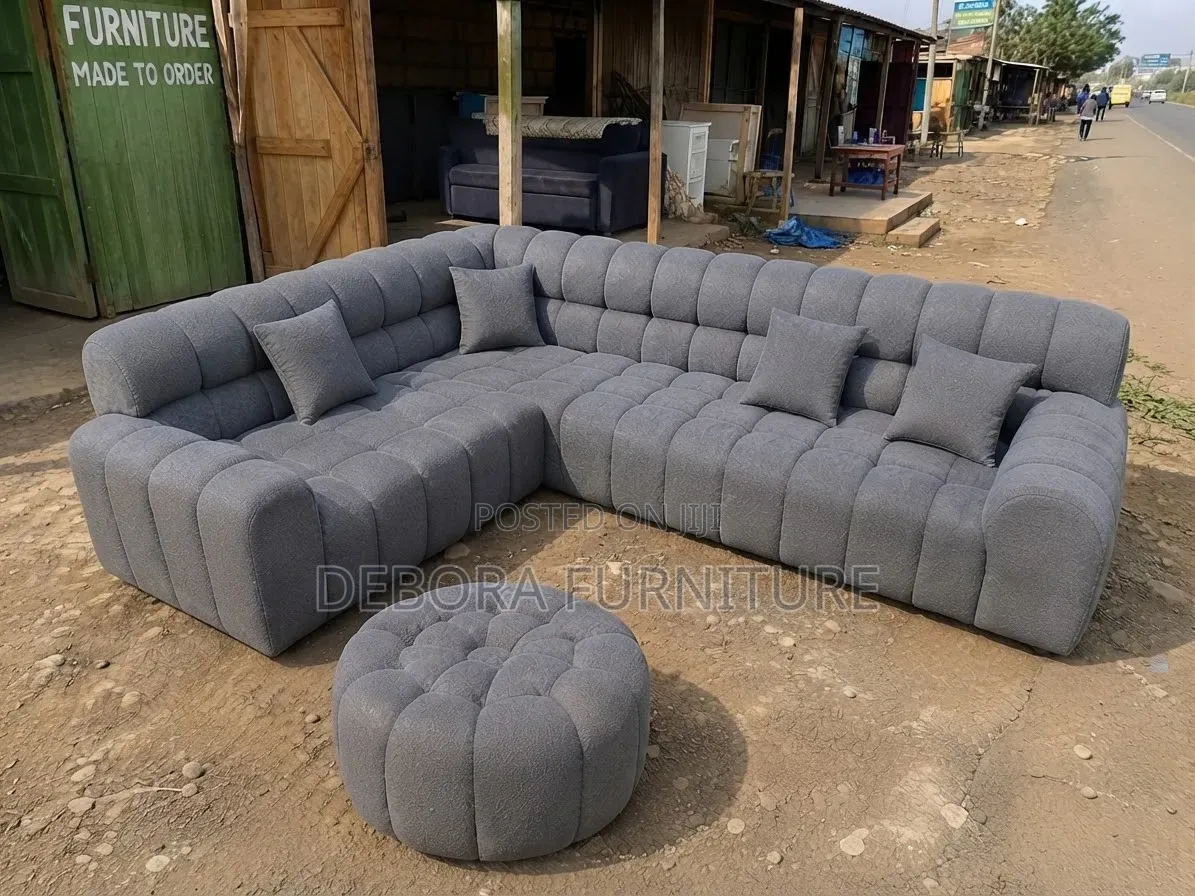 6-Seater Grey Bubble L-Shape Sofa + Ottoman – Statement Piece