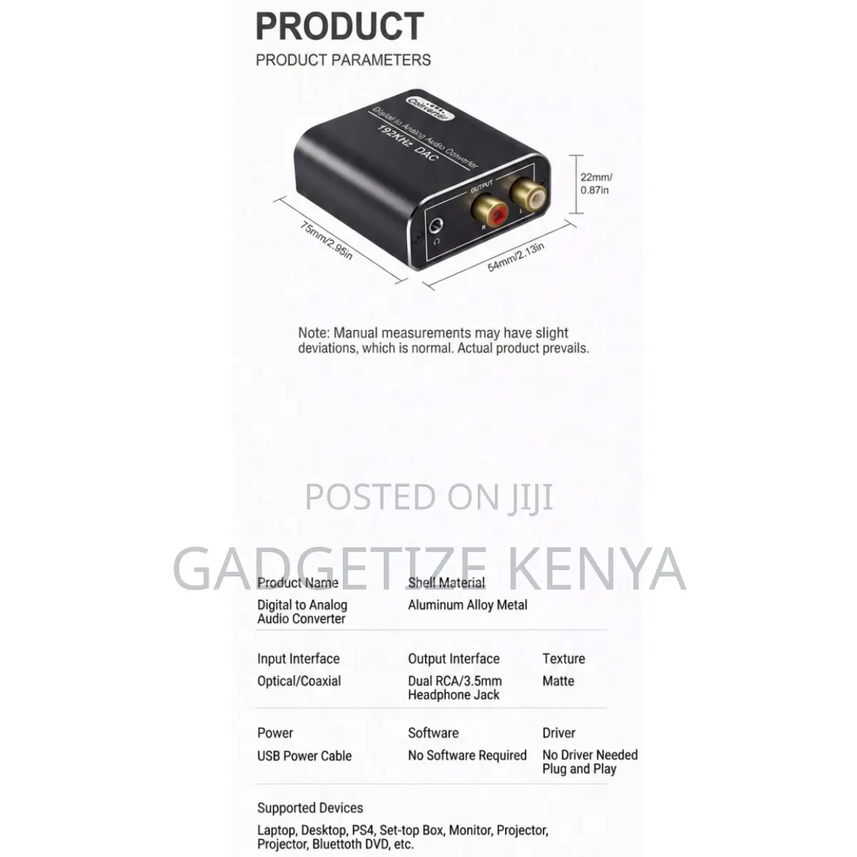 Digital-to-Analog Converter (DAC) Toslink Optical Coaxial to RCA 3.5mm