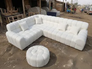 Modern White Boucle Sectional Sofa With Matching Ottoman