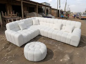 Modern White Boucle Sectional Sofa With Matching Ottoman