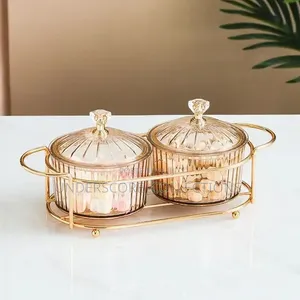2in1 Heavy Glass Golden Sugar Dish Set in a Golden Frame