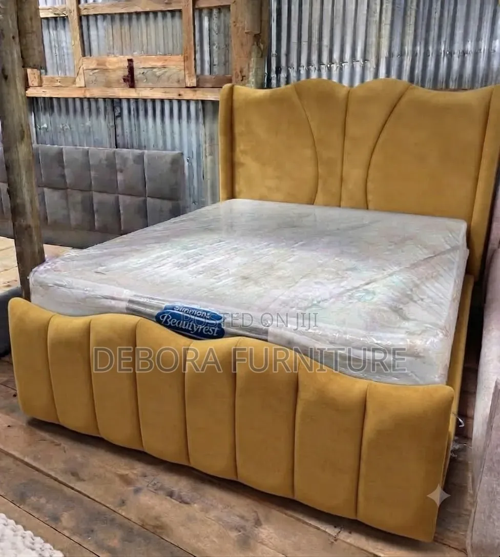 Brand New Luxury Wingback Upholstered Bed - Mustard Yellow