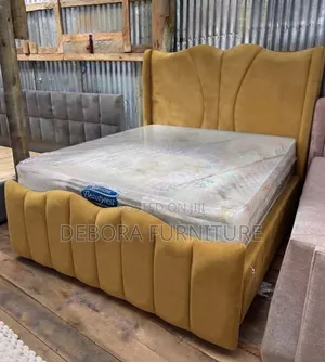 Brand New Luxury Wingback Upholstered Bed - Mustard Yellow