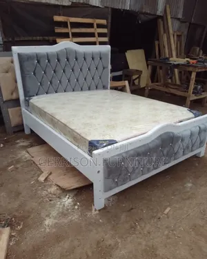 Modern 5x6 White and Grey Velvet Tufted Bed Frame