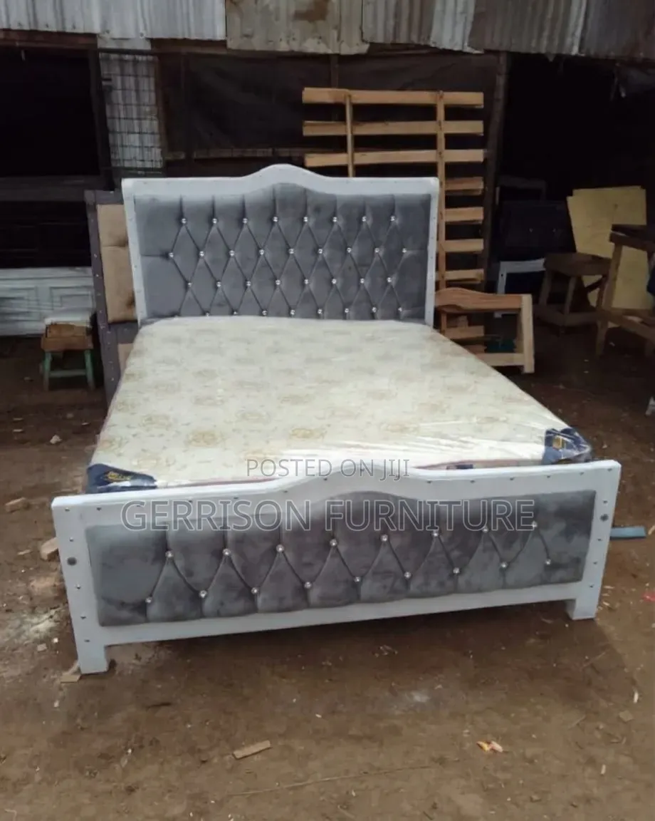 Modern 5x6 White and Grey Velvet Tufted Bed Frame