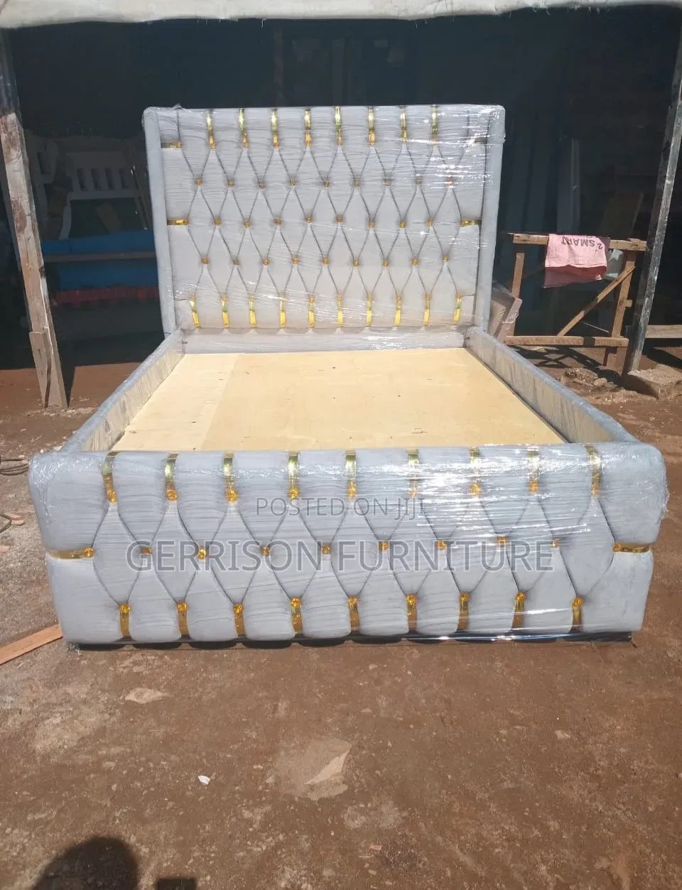 Luxury 5x6 Grey Velvet Bed Frame With Gold Strips