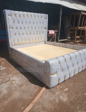 Luxury 5x6 Grey Velvet Bed Frame With Gold Strips
