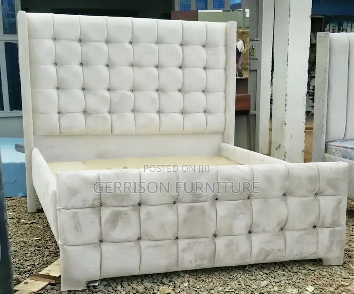 Premium 5x6 Cream Velvet Winged Chester Bed Frame