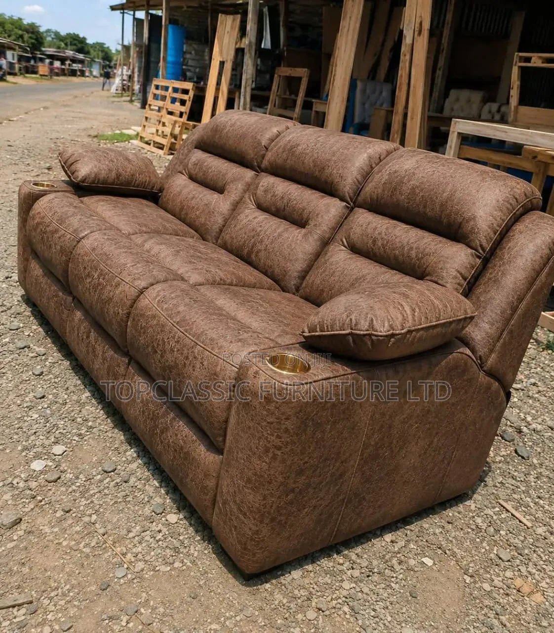 Fiber+spring Cushion 3seater Semi Recliner Gray  and Brown