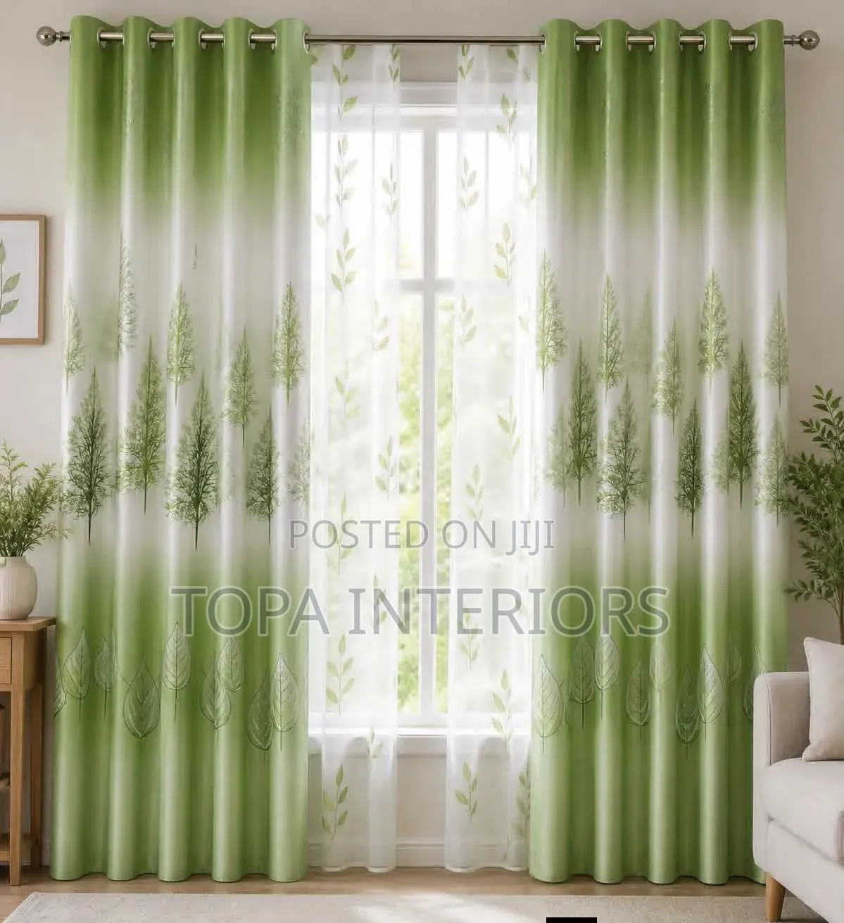 Green Tree-Flowered Window Curtains for Living Room Windows