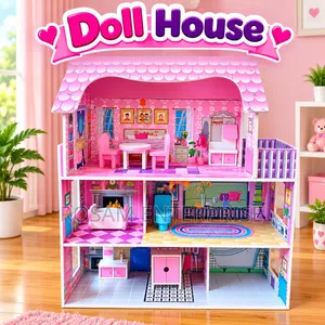 Large Wooden Doll House 3 Floors, 5 Rooms With Furniture Accessories