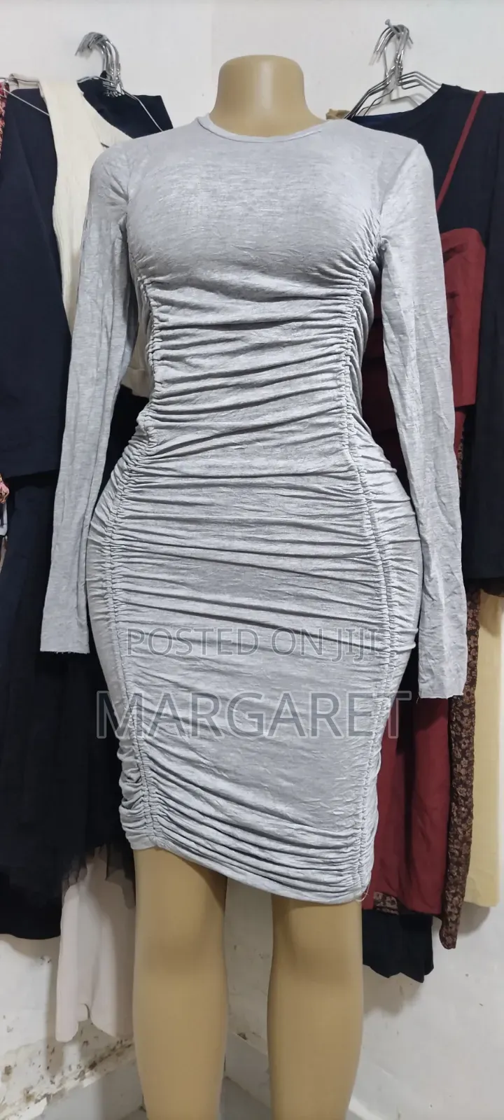 Grey Long Sleeve Ruched Body Corn Dress