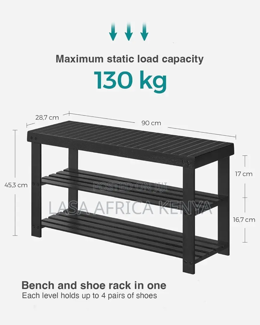 LASA 3-Tier Bamboo Shoe Bench, Black, 90 X 28.7 X 45.3cm - Entryway Sh