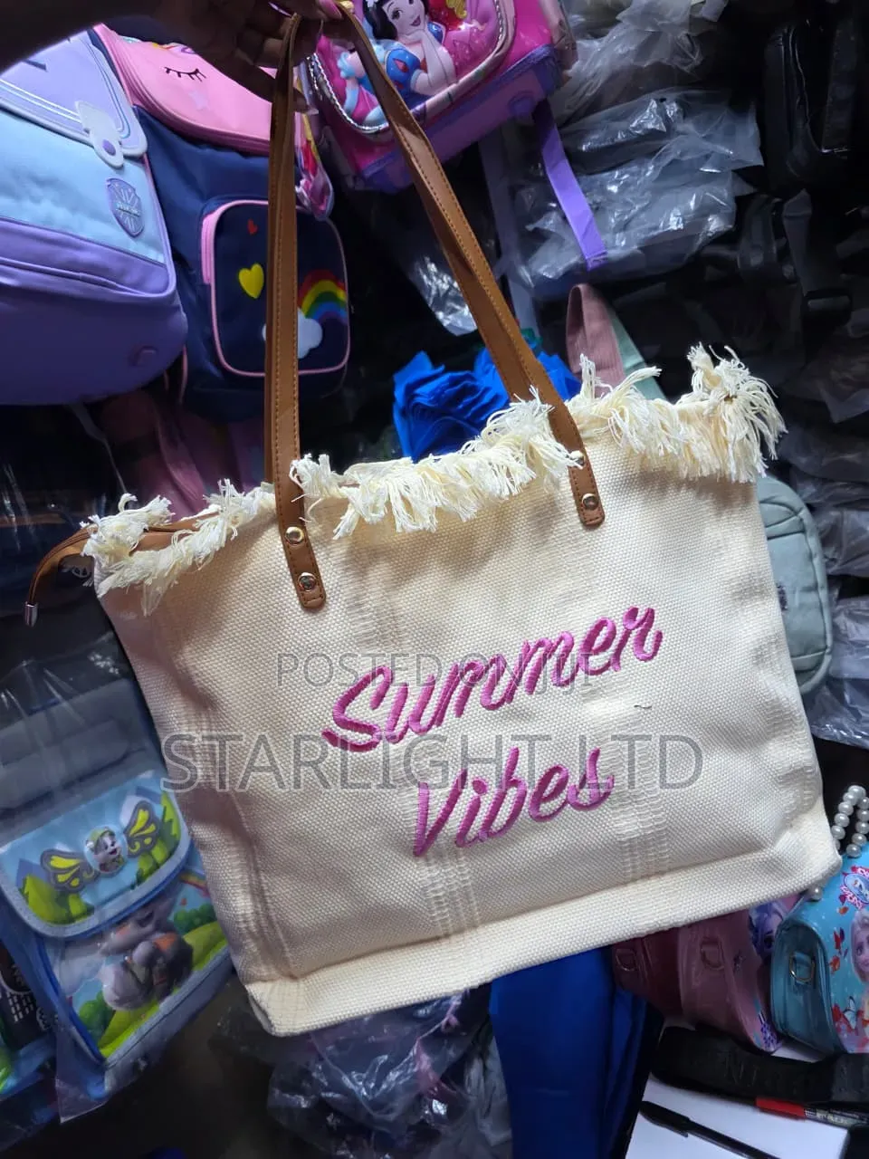 Frayed Edge Canvas Beach Bag With Cursive Slogan