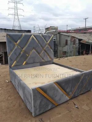5x6 Premium Grey Gold Geometric Upholstered Bed Frame