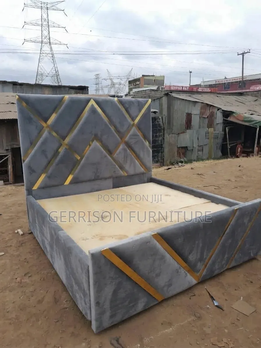 5x6 Premium Grey Gold Geometric Upholstered Bed Frame