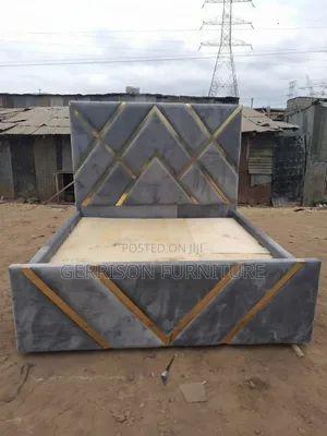 5x6 Premium Grey Gold Geometric Upholstered Bed Frame