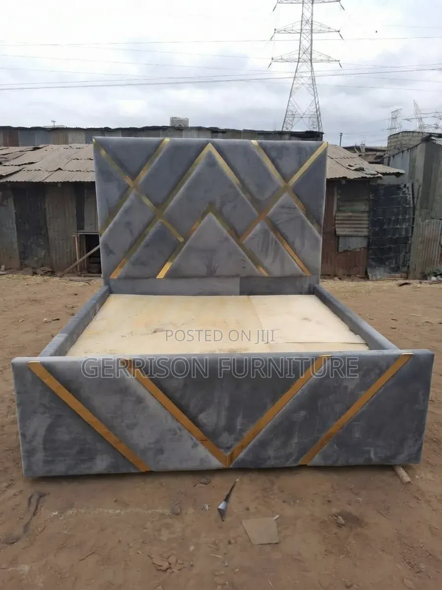 5x6 Premium Grey Gold Geometric Upholstered Bed Frame