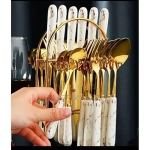 24Pcs Stainless Steel Marble White Gold Cutlery