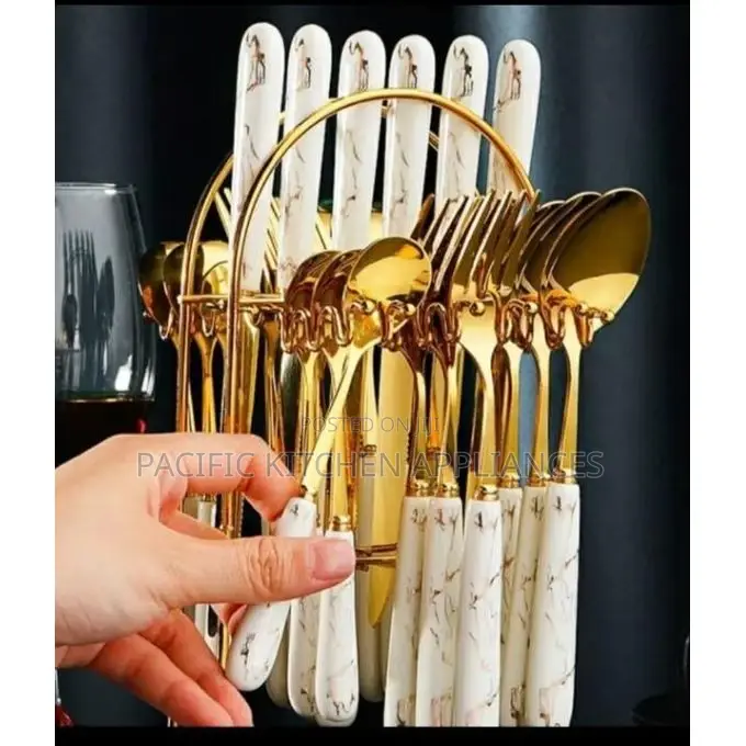 24Pcs Stainless Steel Marble White Gold Cutlery