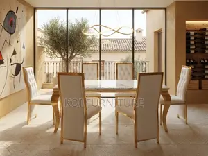 Dining Set; Six Seaters Golden Modern Top Marble Dining Set