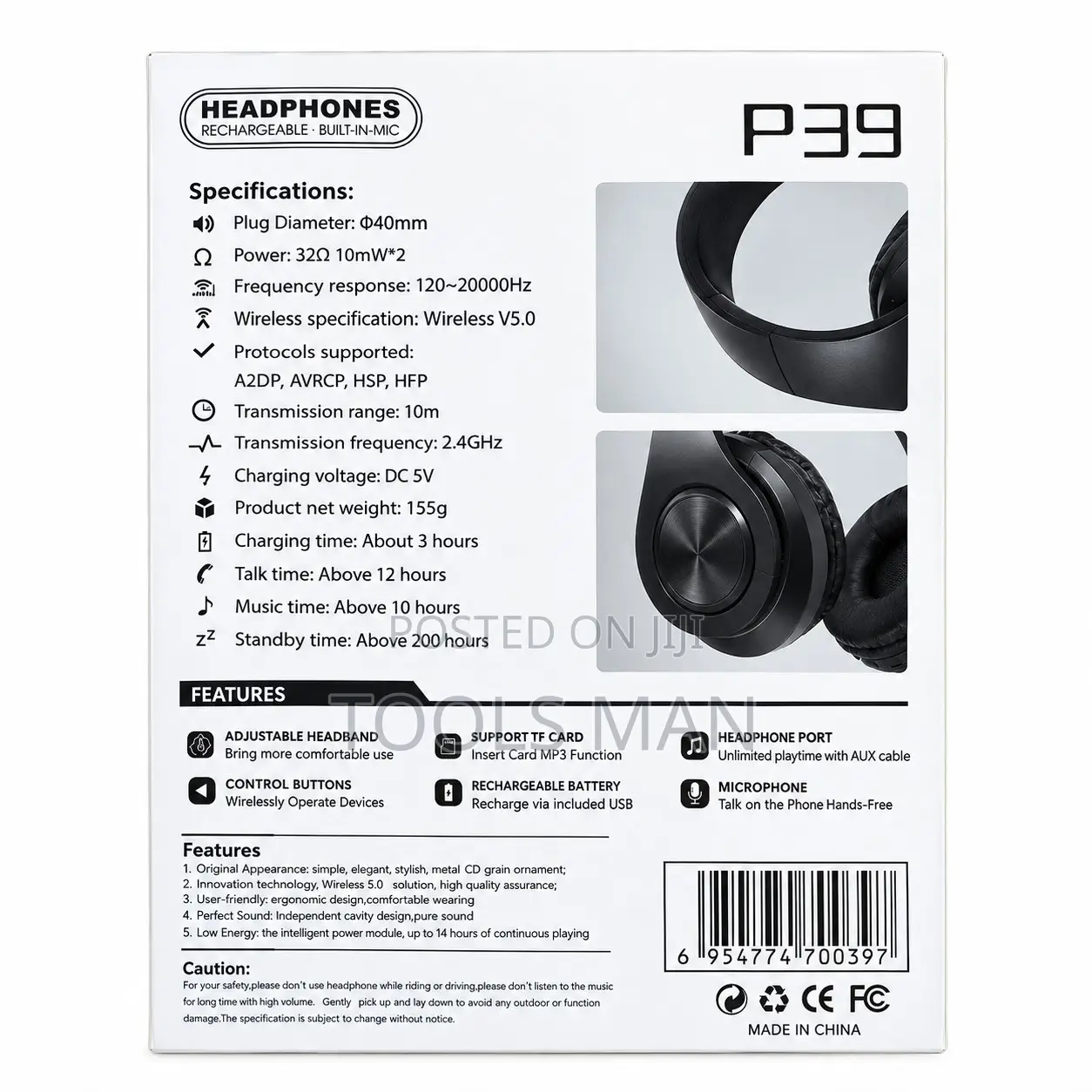 P39 Wireless Headphones Rechargeable Built-in Mic