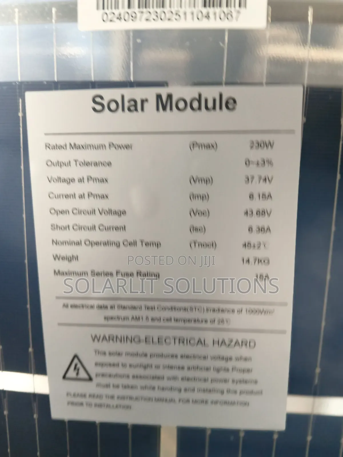 230W High-Efficiency Solar Panel Module (37.74V, 6.10A)