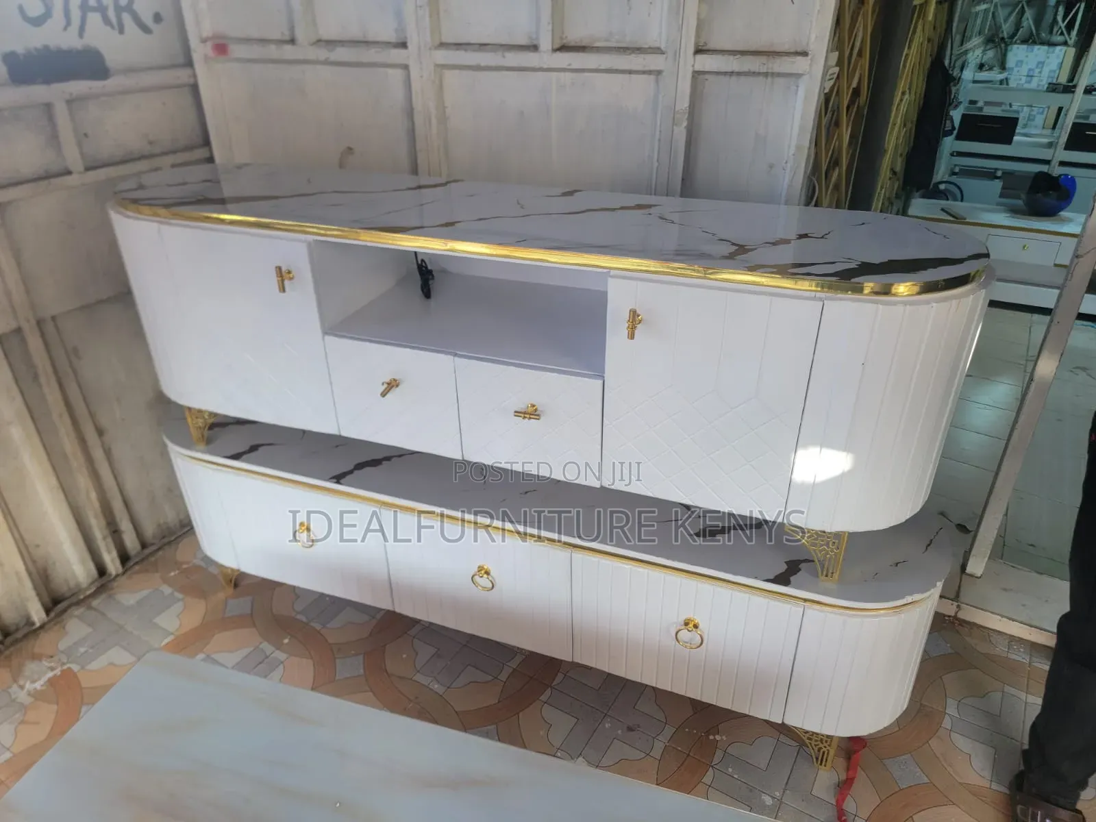 Luxury Oval TV Stand / TV Cabinet With Marble Top