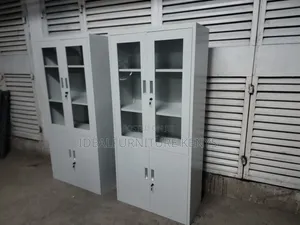 *Grey Metal Cabinet With Shelves - Glass Top*