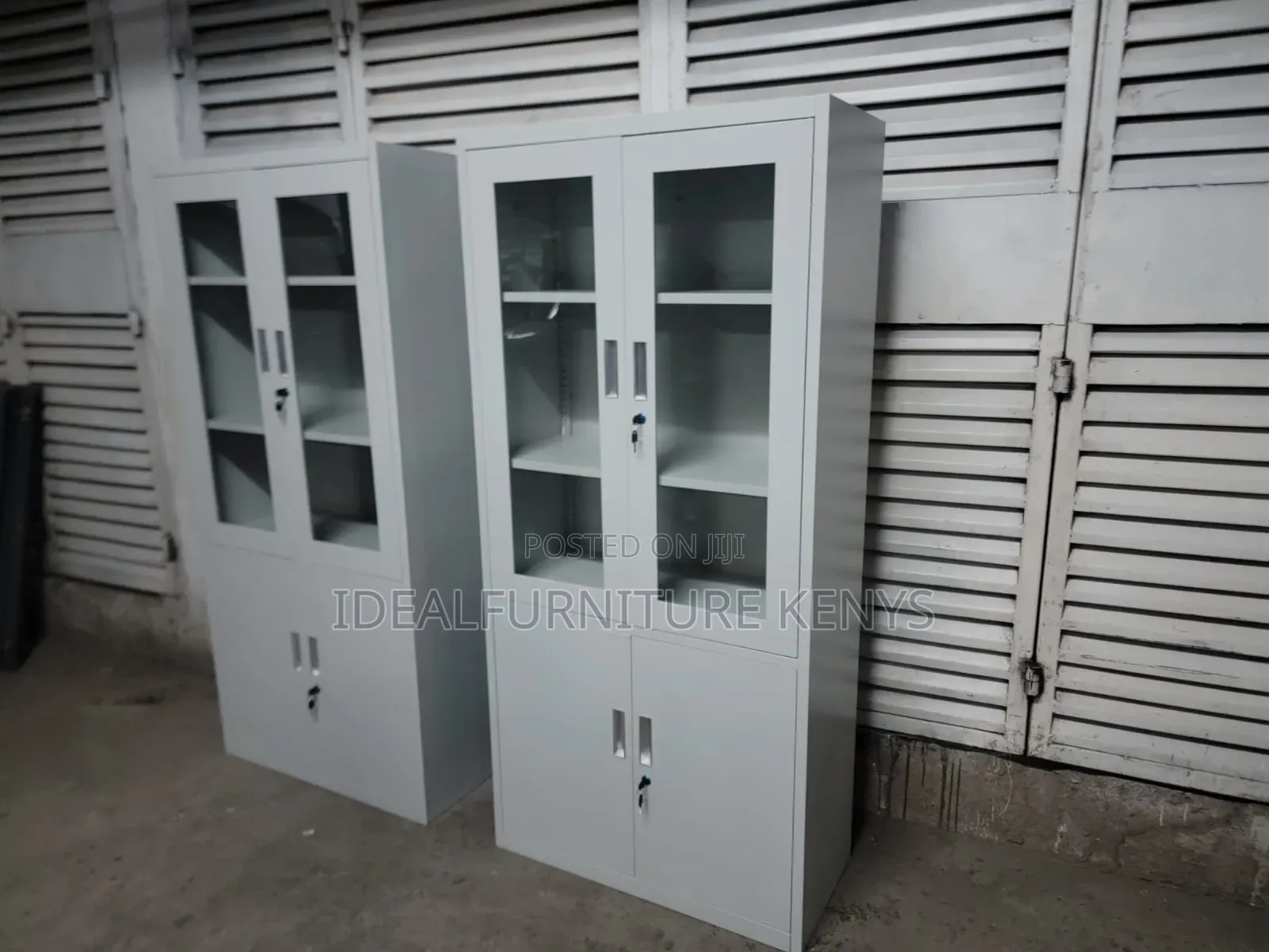*Grey Metal Cabinet With Shelves - Glass Top*