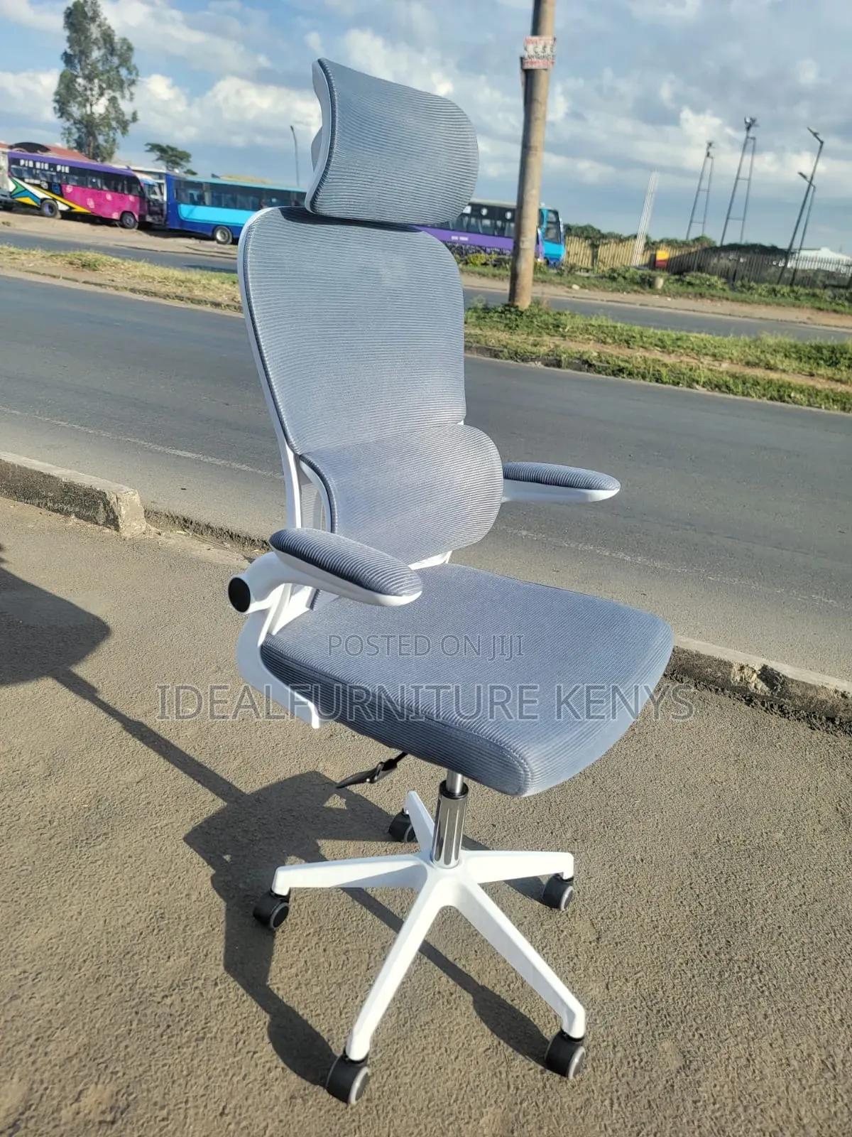 *Ergonomic Office Chair With Headrest - Grey Mesh With Lumbar Support*