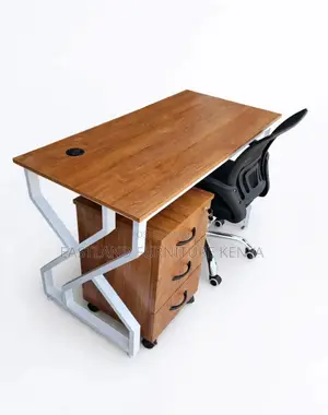 Z -Shaped Office Desk With 3-Drawer Pedestal + Mesh Chair - Brown