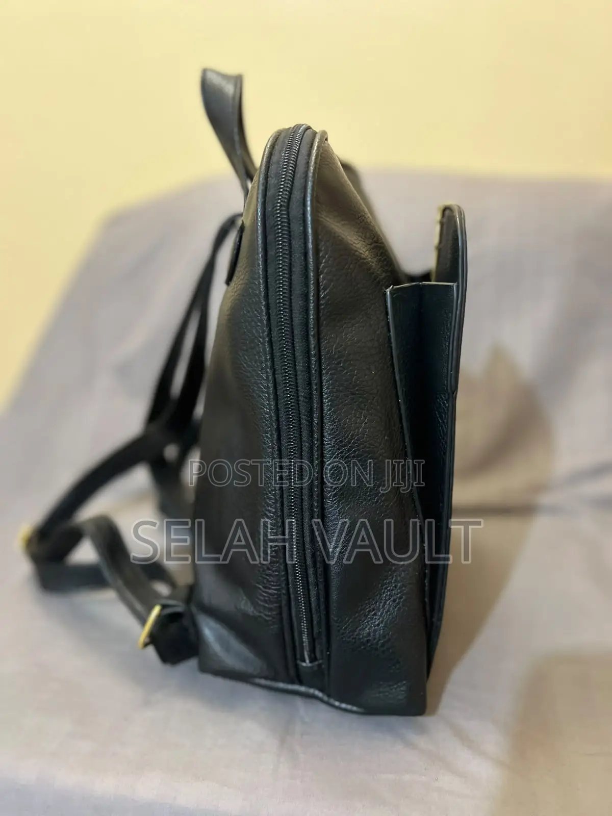 Black Leather Backpack With Gold Detail