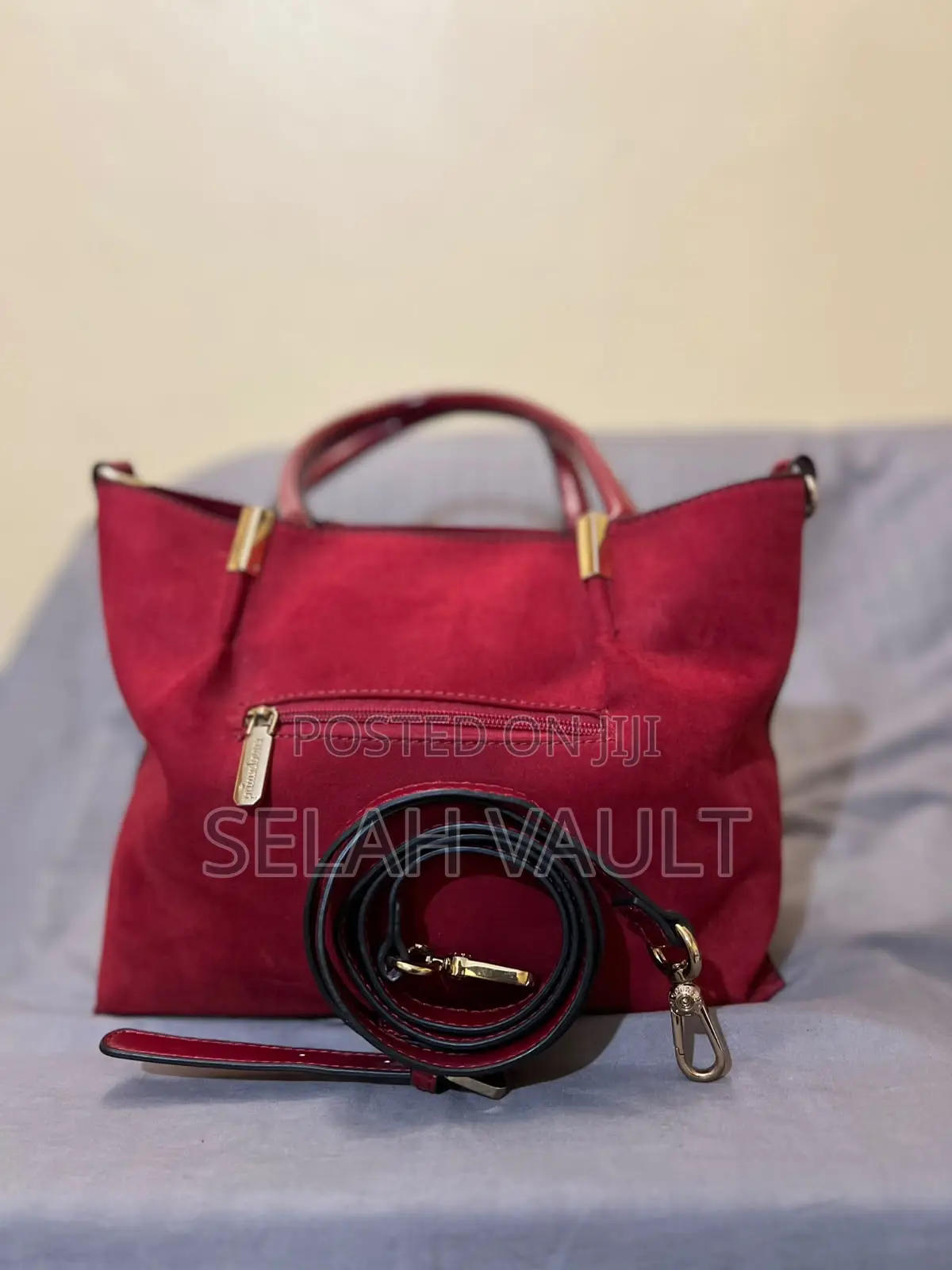 Elegant Burgundy Suede Tote Handbag With Detachable Shoulder Strap
