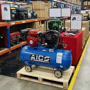 Shows an AICO Japan 100L Petrol-Driven Heavy-Duty Air Compressor