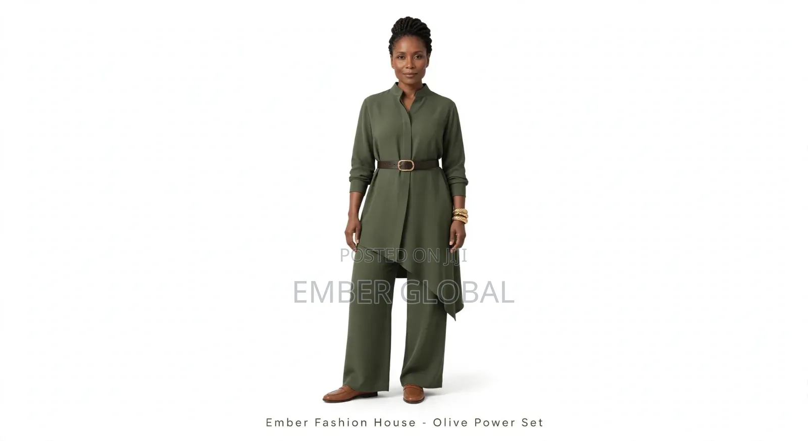 Olive Power Set-Asymmetrical Tunic +Wide Leg Pants - Ember Fashion